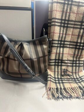 Burberry Nova Check Striped Crossbody Bag and Burberry Scarf set bundle